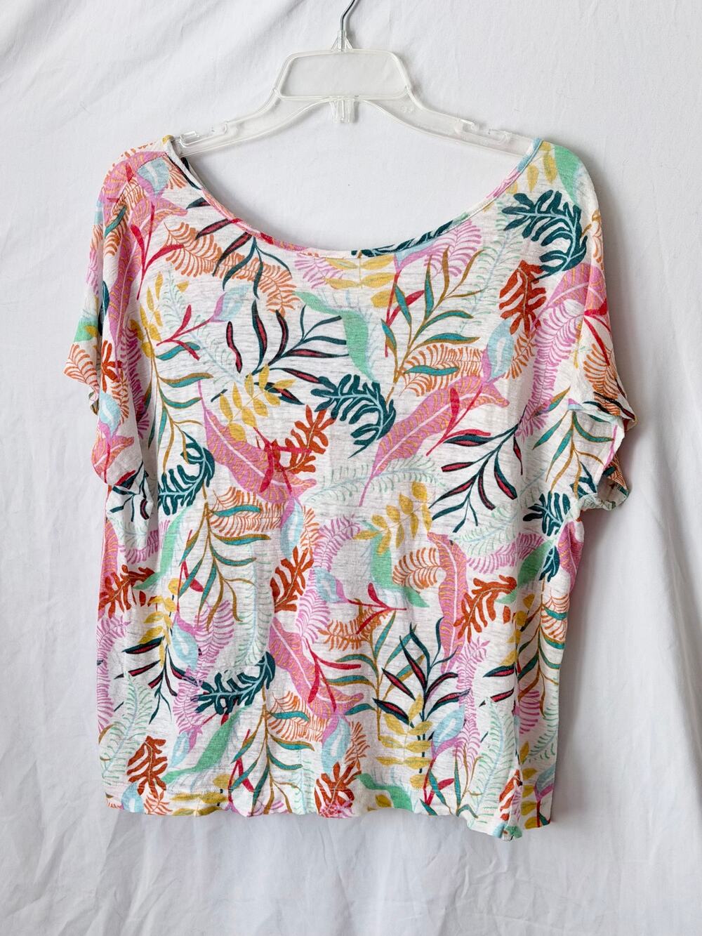 100% Linen Tropical Leaf Print Oversized Top Short Sleeve XL